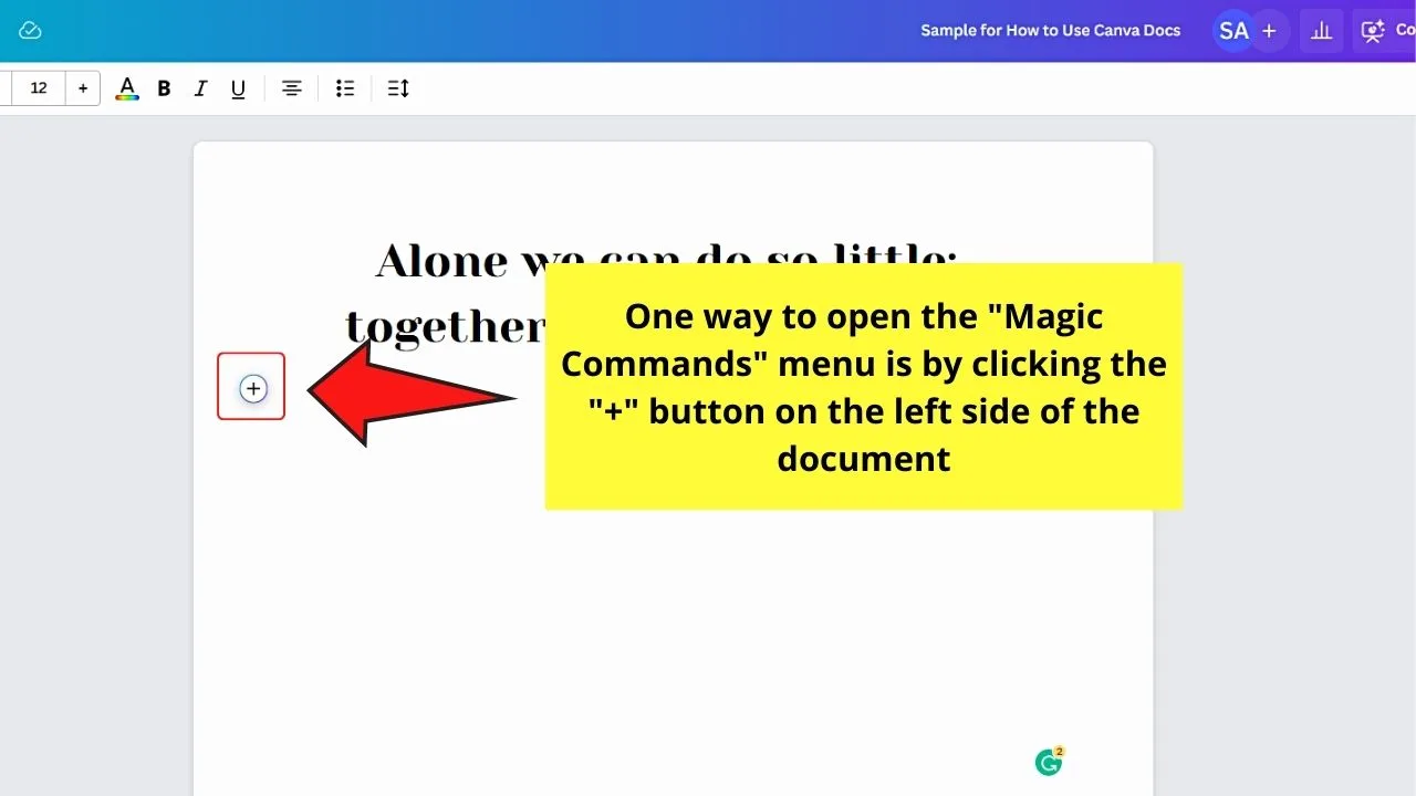 Accessing the “Magic Commands” Menu in Canva Docs Step 1