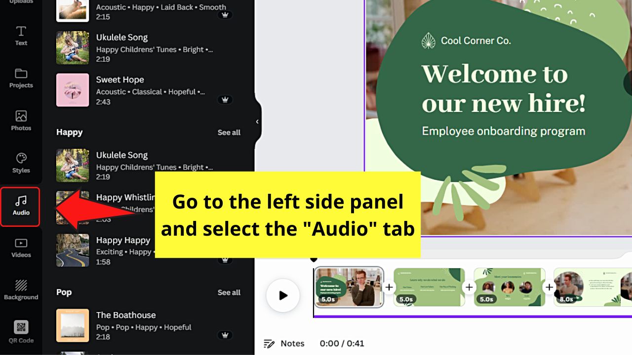 Adding Audio Per Slide in Canva When Working on a Canva Video Project Step 1