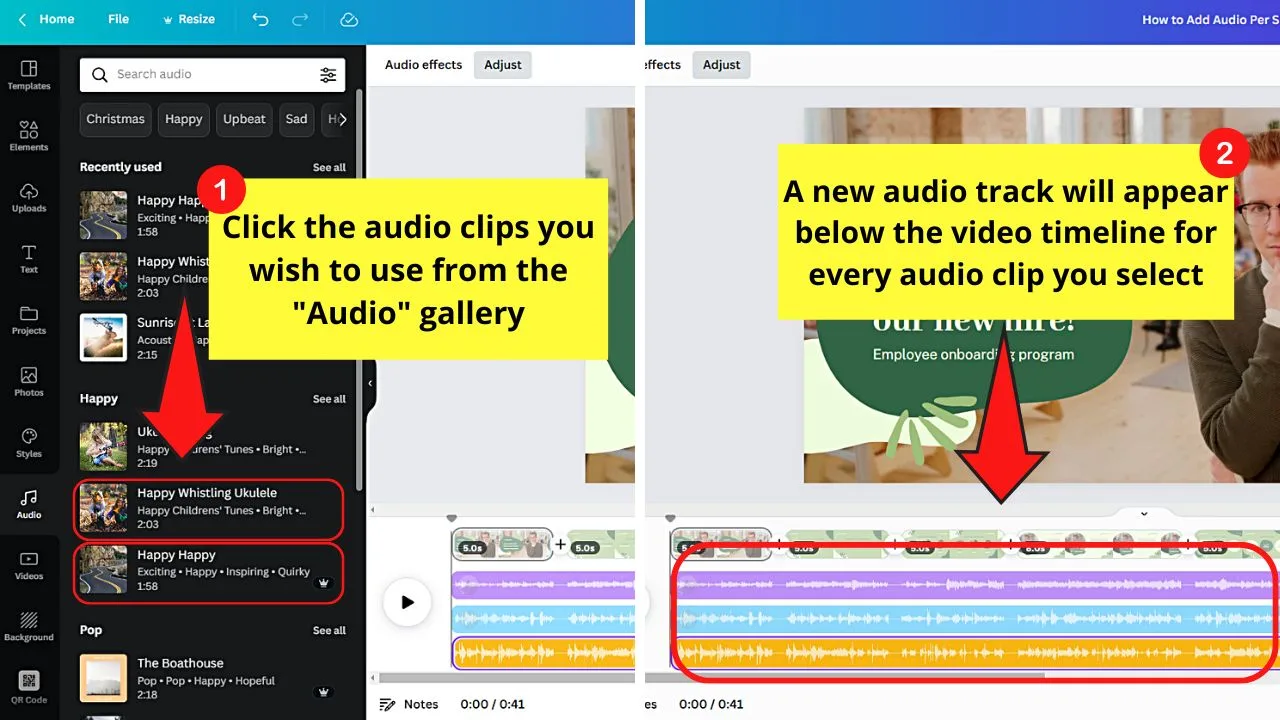 Adding Audio Per Slide in Canva When Working on a Canva Video Project Step 2