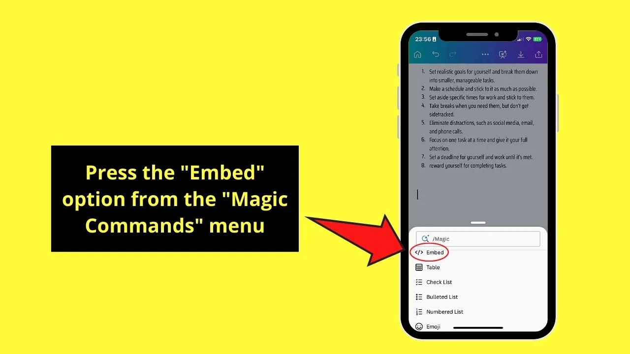 Adding Embeds to Canva Docs on Mobile Phone Step 1