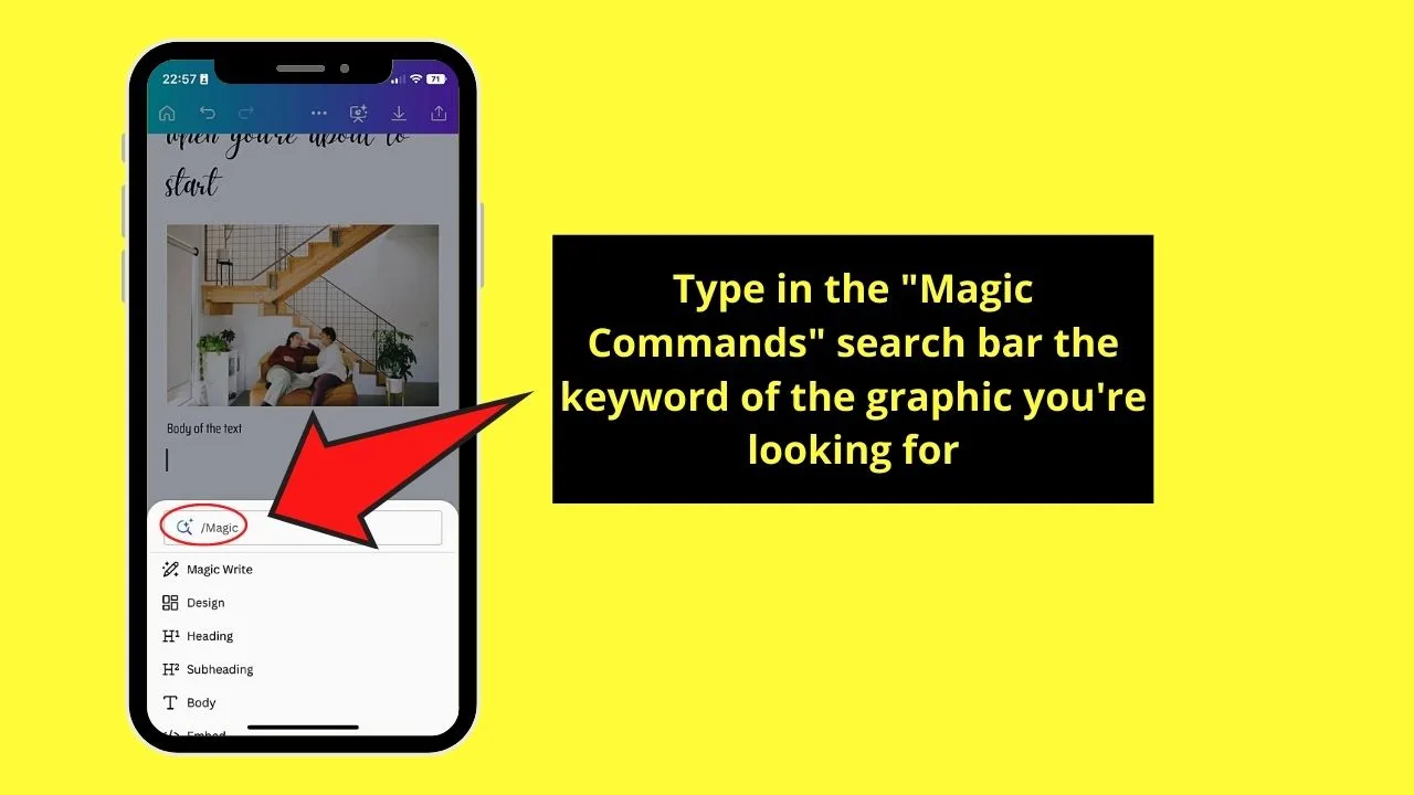 Adding Graphics to Canva Docs on Mobile Phone Step 1