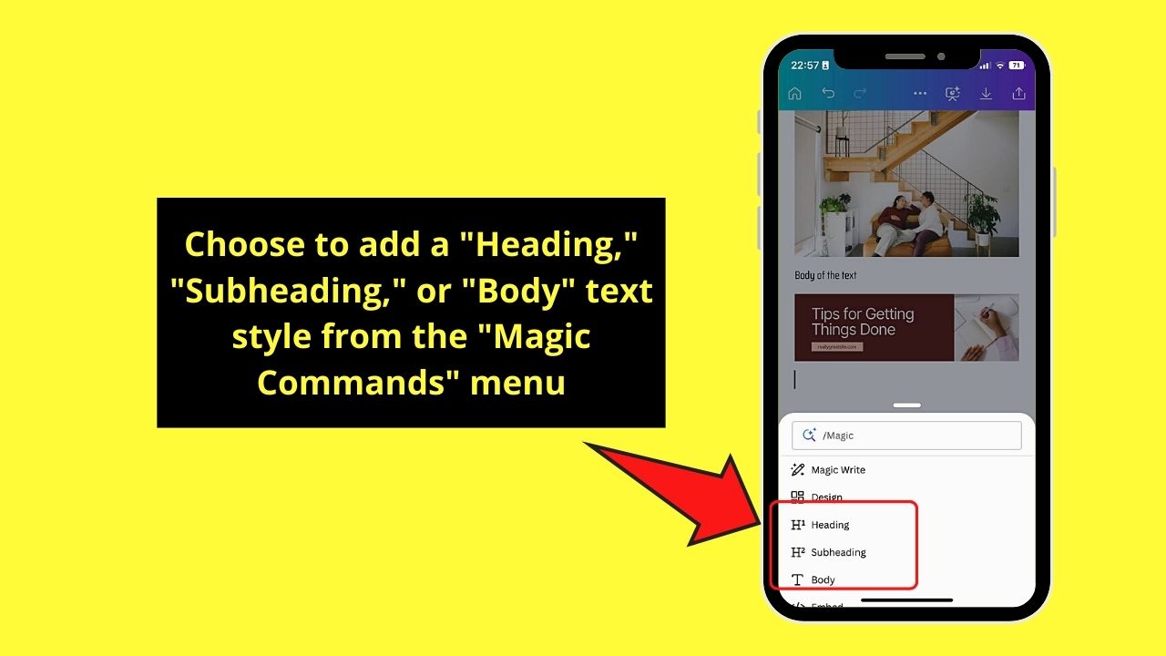 Adding Text to Canva Docs on Mobile Phone Step 1