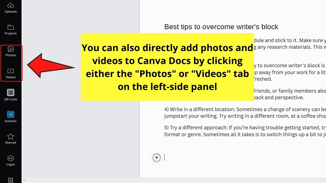Adding Videos and Photos to Canva Docs Step 1