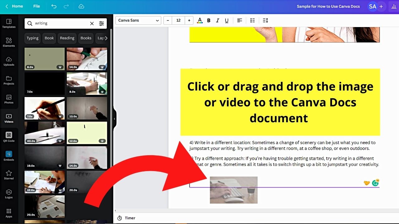 Adding Videos and Photos to Canva Docs Step 2