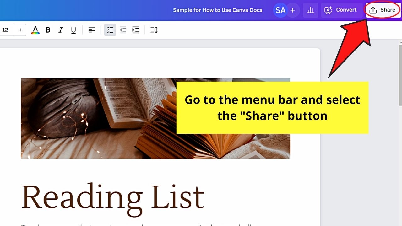Downloading and Sharing Documents in Canva Docs Step 1