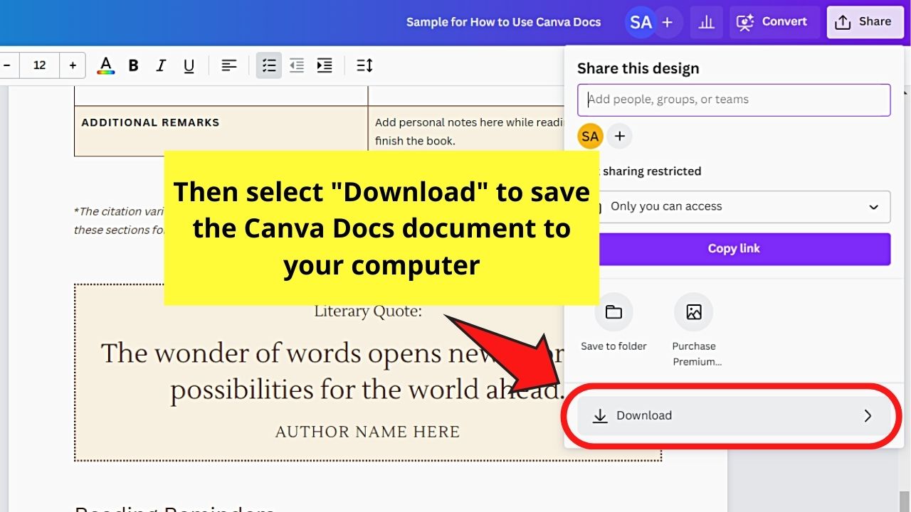 Downloading and Sharing Documents in Canva Docs Step 2