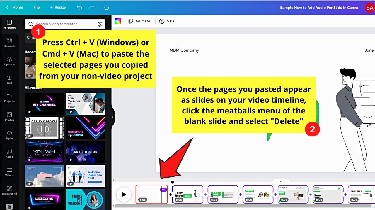 How to Add Audio Per Slide in Canva When Working on a Non-Video Project Step 5
