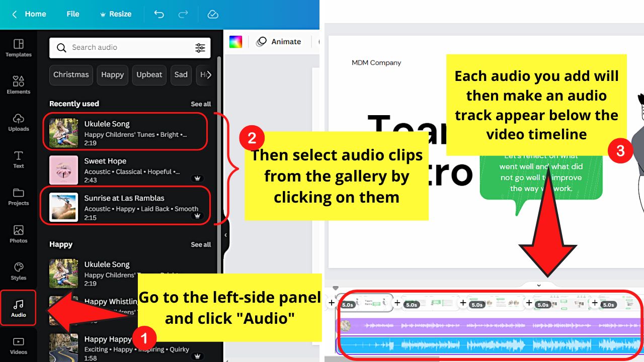 How to Add Audio Per Slide in Canva When Working on a Non-Video Project Step 6