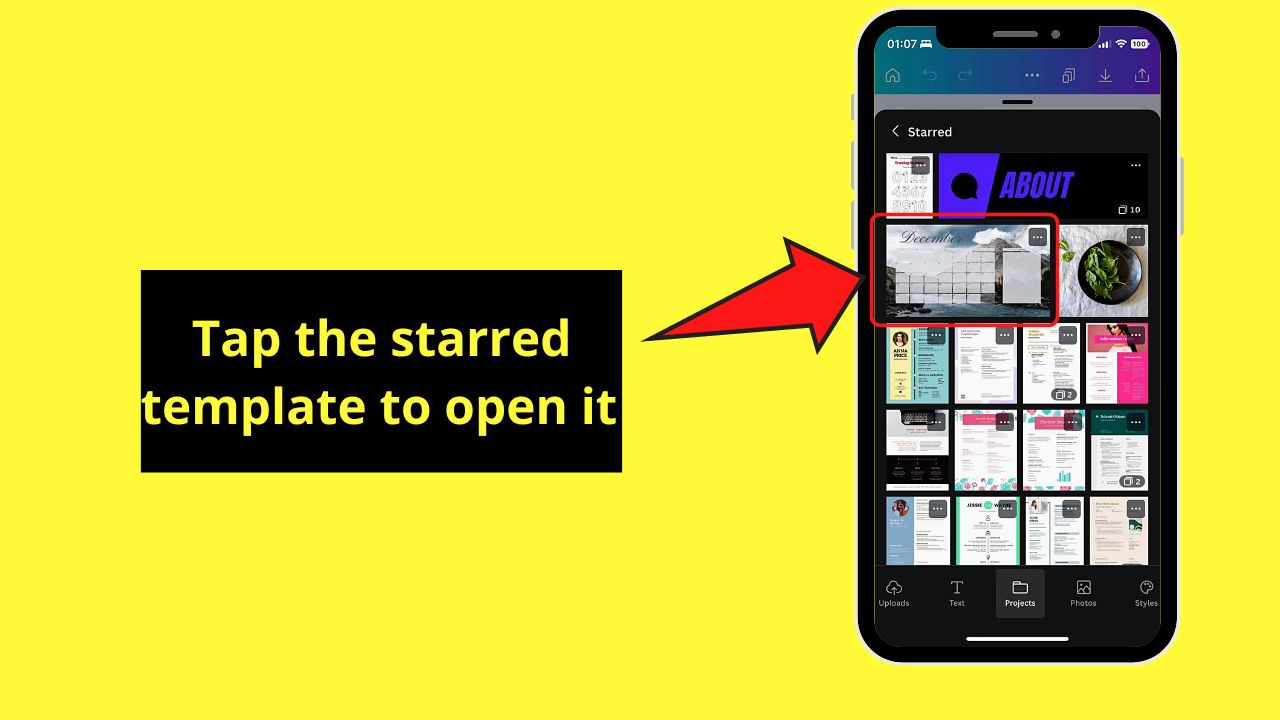 How to Find Starred Templates in Canva Mobile Step 8