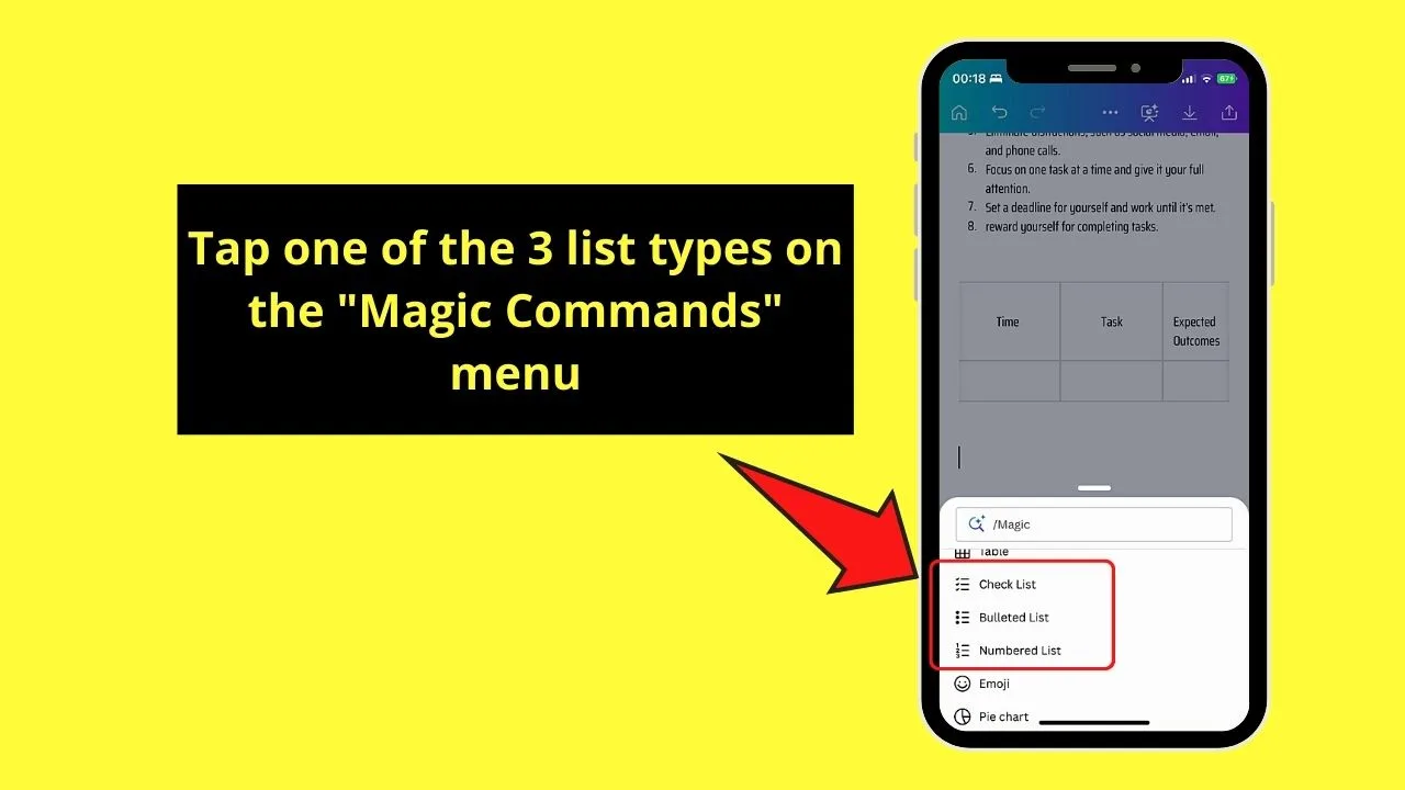How to Insert Lists to Canva Docs on Mobile Phone Step 1