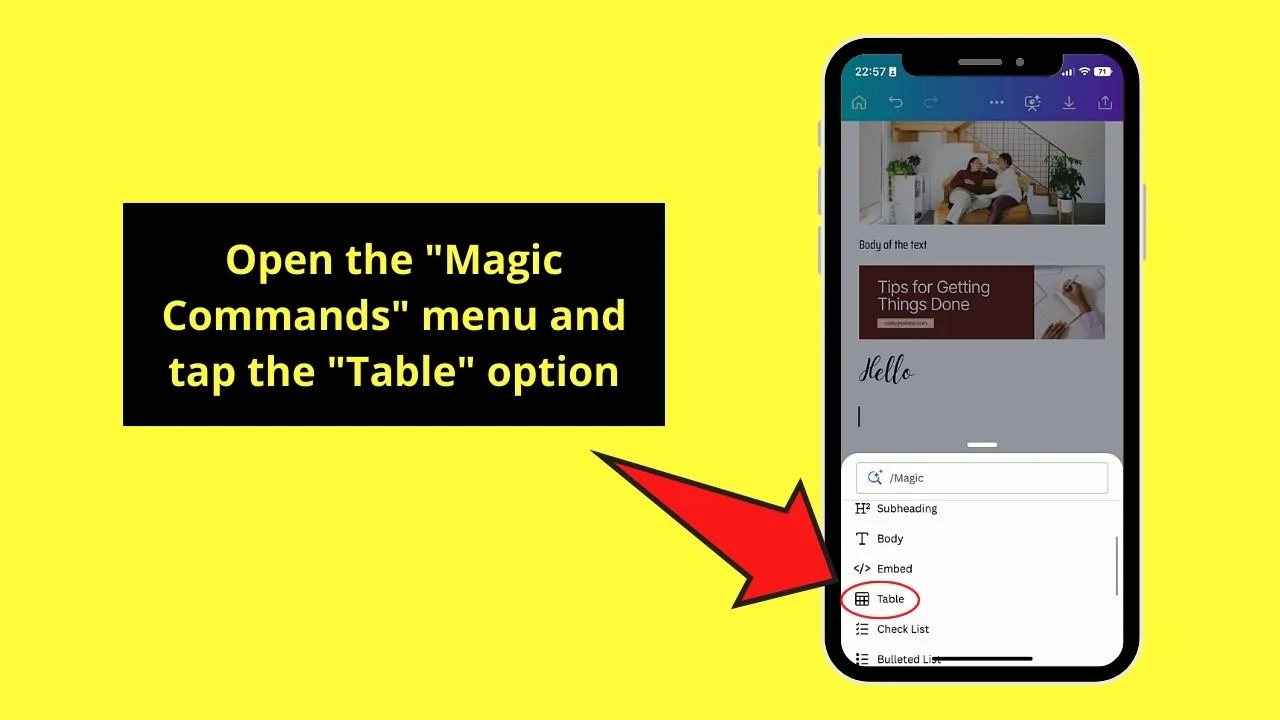 How to Insert Tables in Canva Docs on Mobile Phone Step 1