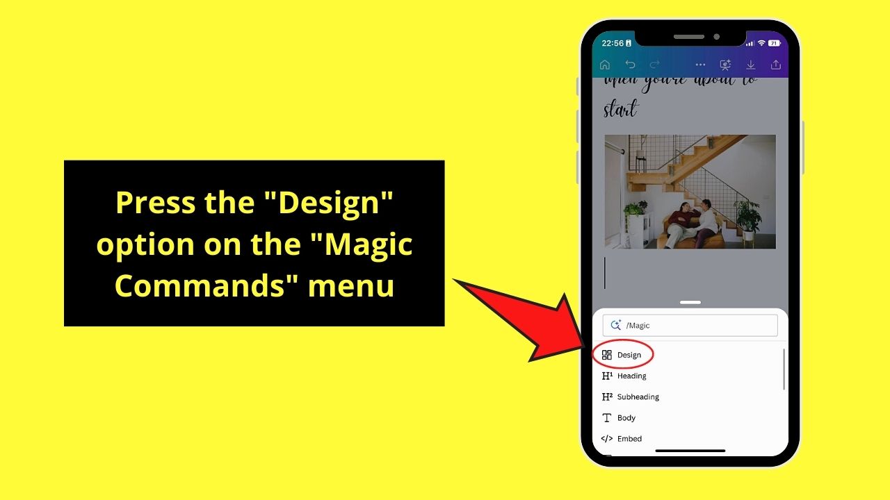 Inserting Designs in Canva Docs on Mobile Phone Step 1