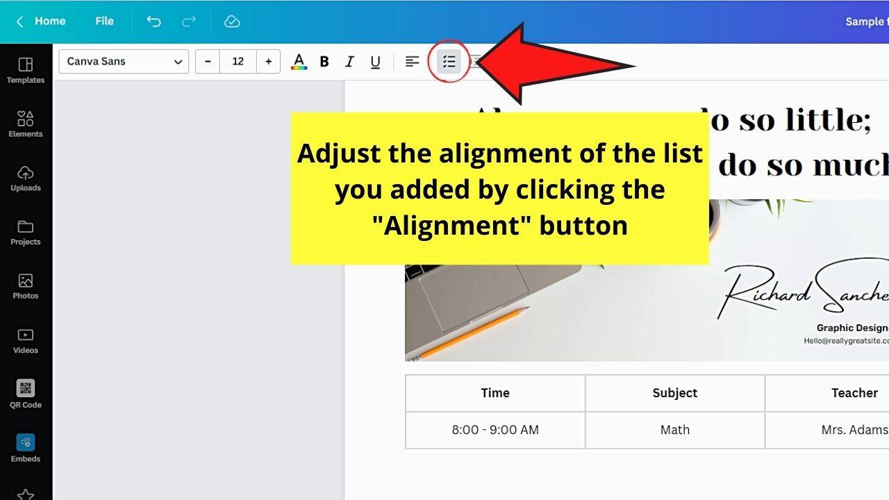 Inserting Lists in Canva Docs Step 3