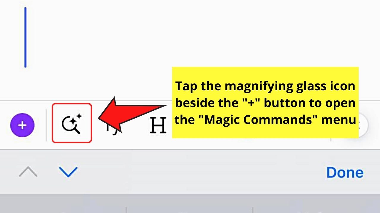 Opening the Magic Commands Menu in Canva Docs on Mobile Phone Step 1