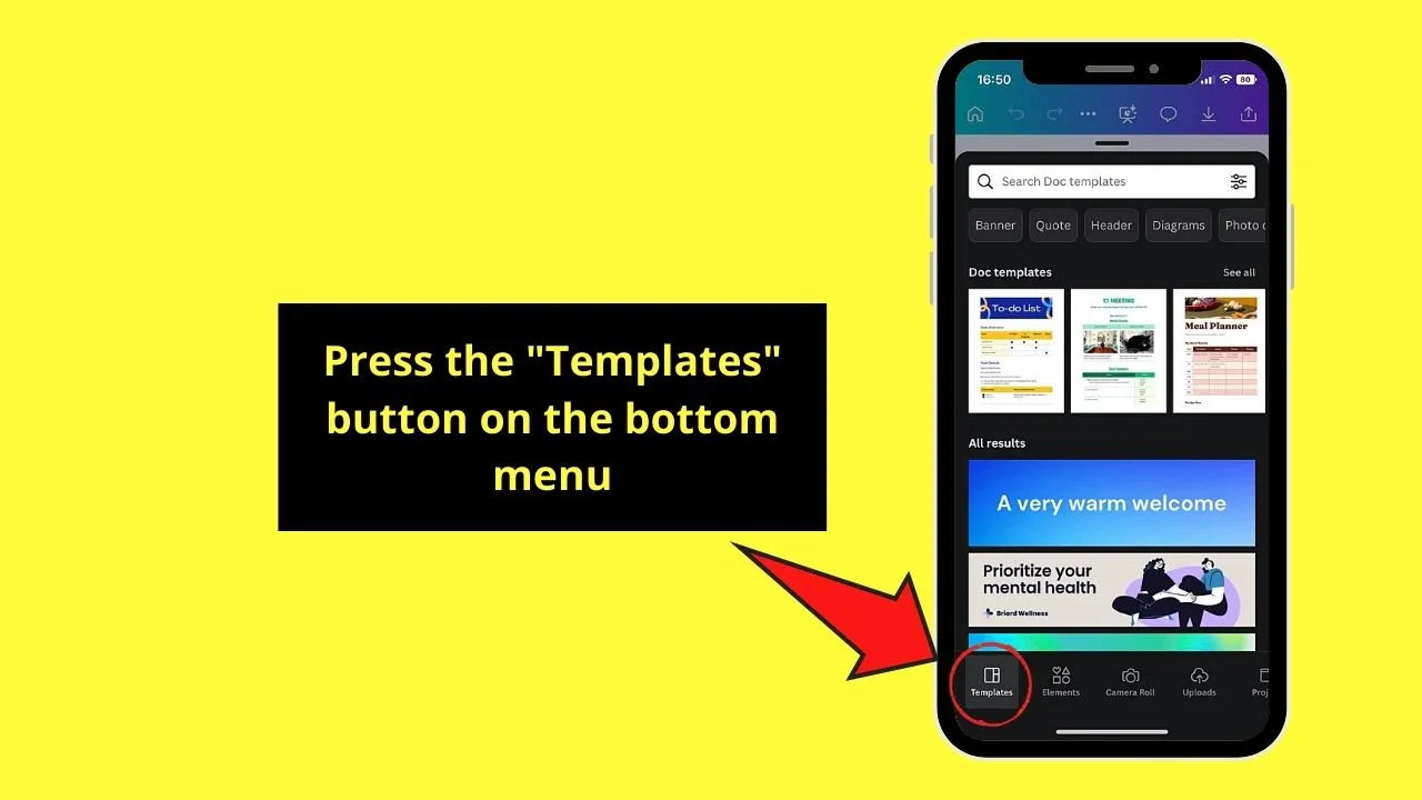 Using Templates for Canva Docs on Mobile Phone Step 2