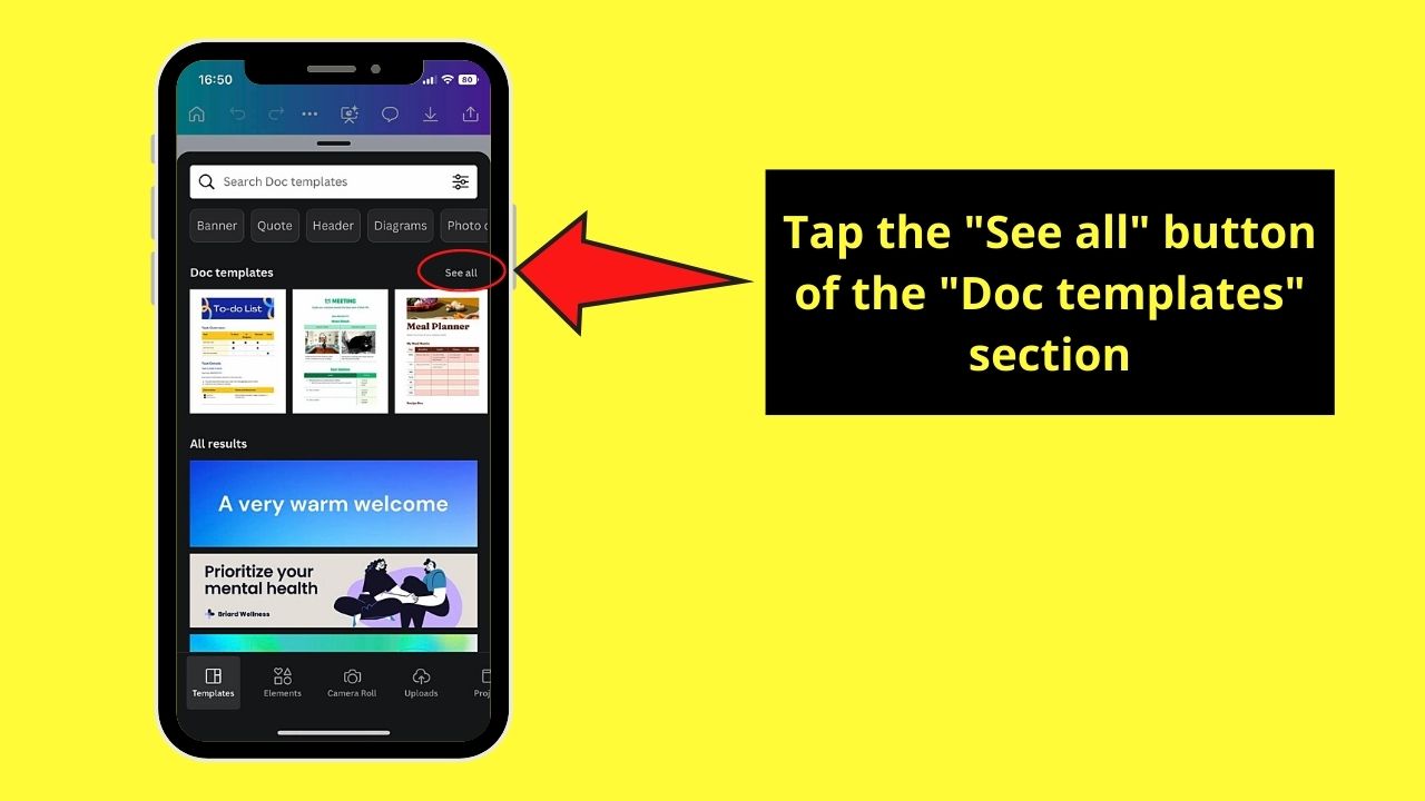 Using Templates for Canva Docs on Mobile Phone Step 3