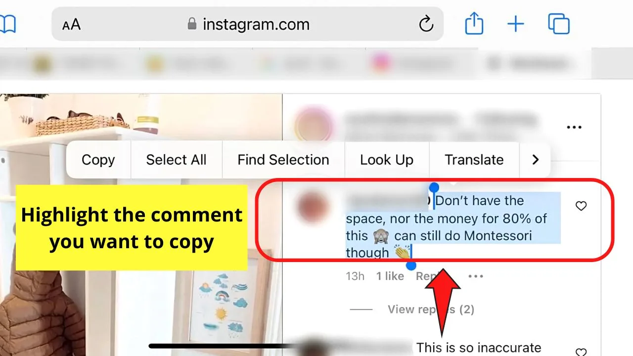 How to Copy Instagram Comments by Requesting Desktop Site in Browser (iPhone) Step 8