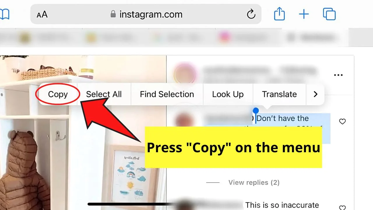 How to Copy Instagram Comments by Requesting Desktop Site in Browser (iPhone) Step 9