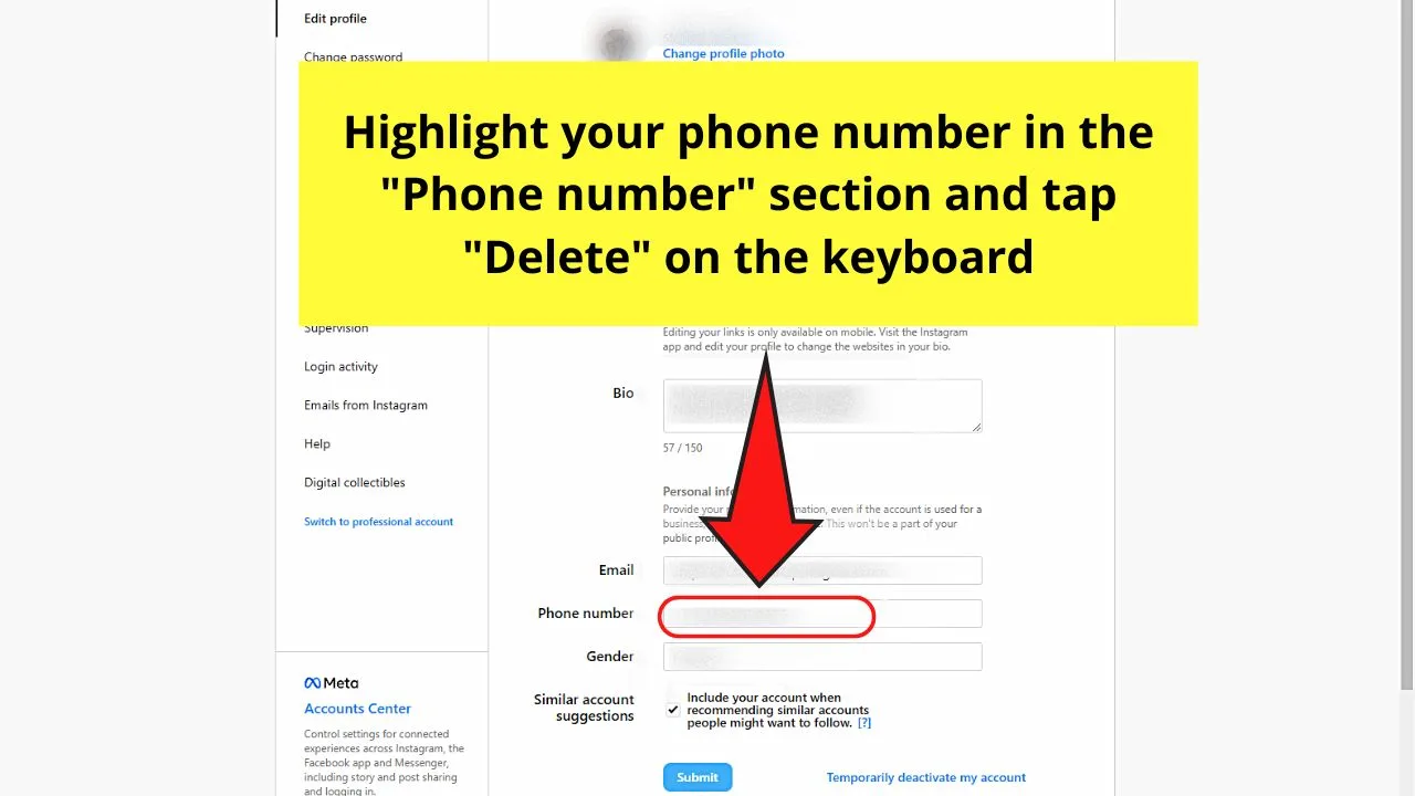 How to Remove Phone Number from Instagram by Erasing the Number (Web Version) Step 3