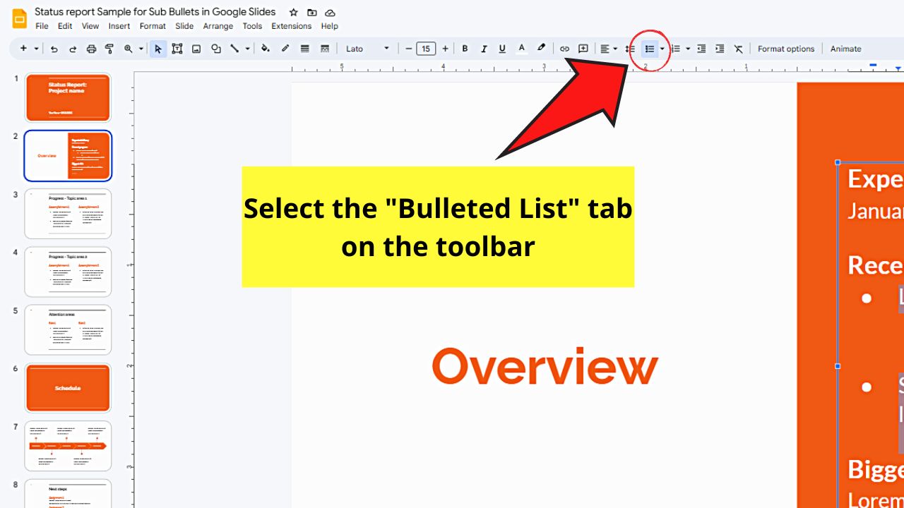 How to Change the Bullet Style as a Group in Google Slides Step 2