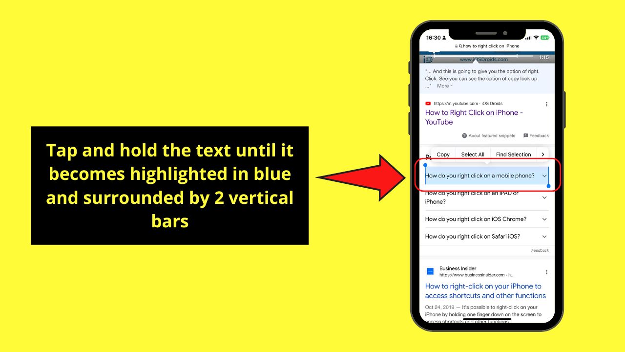 Right-Clicking on Text on the iPhone Step 1