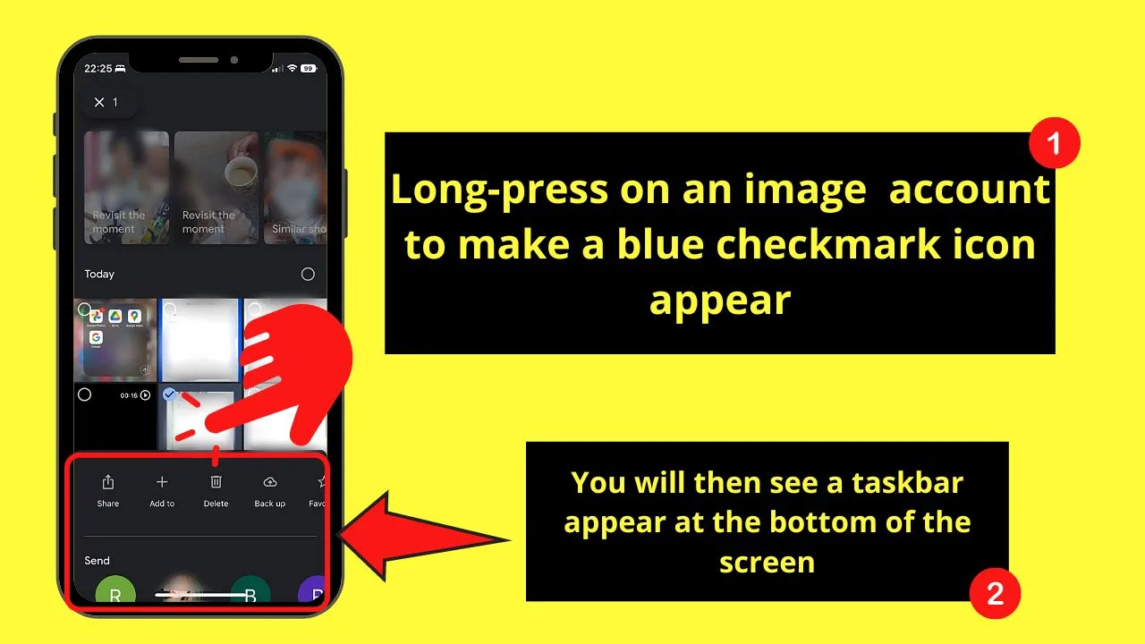 Long-Pressing an Image Before Scrolling Down to Select All Photos in Google Photos on iPhone Step 1