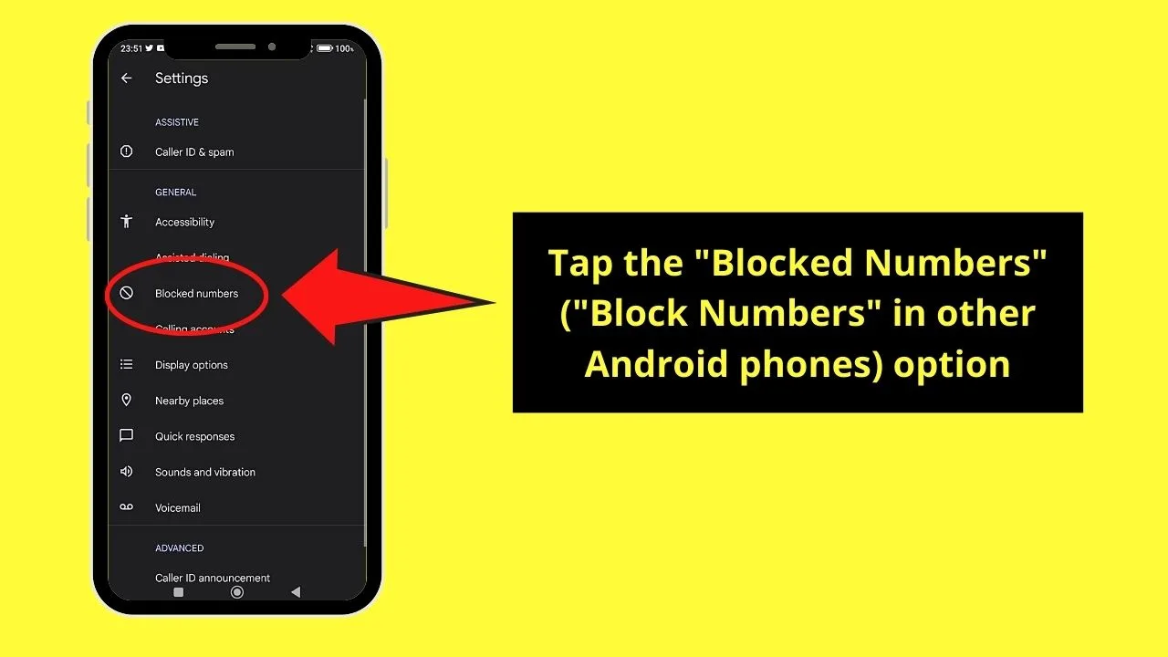 Opening Settings to Block Specific Numbers on Android Phones Step 3
