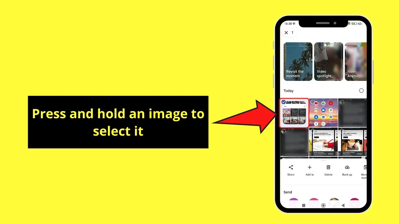 Pressing and Holding a Photo and Scrolling Down to Select All Photos in Google Photos on Android Step 1